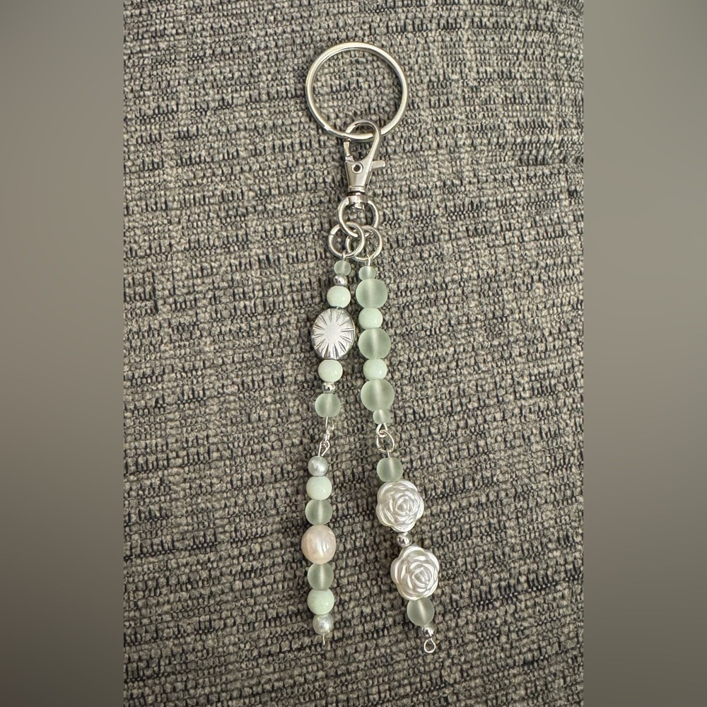Boho Mint/Silver and Freshwater Pearl Handmade Beaded Bag Charm Keychain